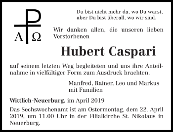 Traueranzeige von Hubert Caspari von trierischer_volksfreund