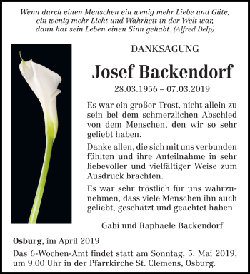 Traueranzeige von Josef Backendorf von trierischer_volksfreund