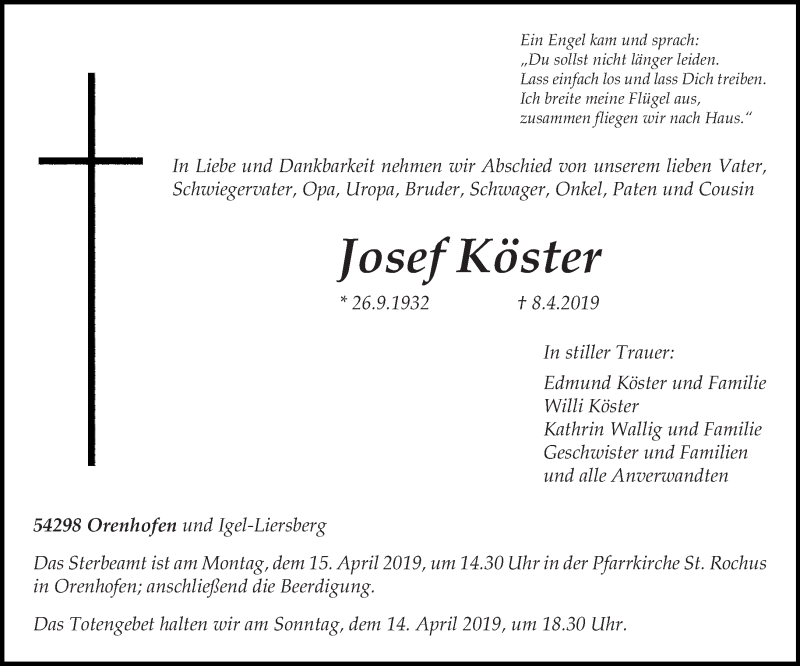  Traueranzeige für Josef Köster vom 10.04.2019 aus trierischer_volksfreund
