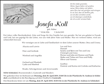 Traueranzeige von Josefa Koll von trierischer_volksfreund