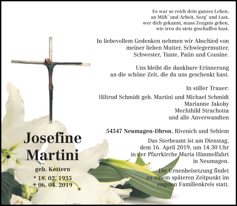  Traueranzeige für Josefine Martini vom 13.04.2019 aus trierischer_volksfreund