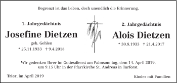 Traueranzeige von Josefine und Alois Dietzen von trierischer_volksfreund