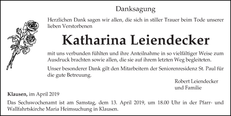  Traueranzeige für Katharina Leiendecker vom 06.04.2019 aus trierischer_volksfreund