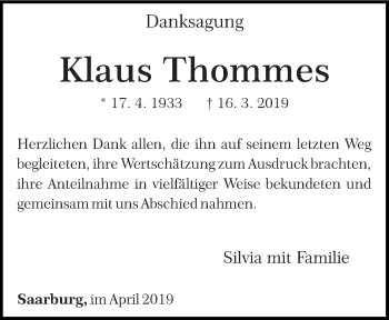 Traueranzeige von Klaus Thommes von trierischer_volksfreund