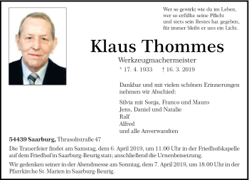 Traueranzeige von Klaus Thommes von trierischer_volksfreund