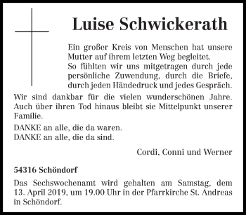 Traueranzeige von Luise Schwickerath von trierischer_volksfreund