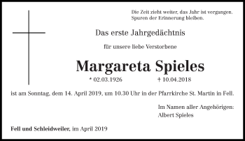 Traueranzeige von Margareta Spieles von trierischer_volksfreund