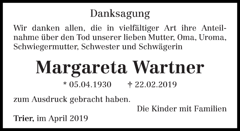  Traueranzeige für Margareta Wartner vom 06.04.2019 aus trierischer_volksfreund