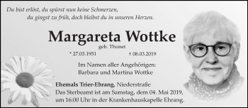 Traueranzeige von Margareta Wottke von trierischer_volksfreund