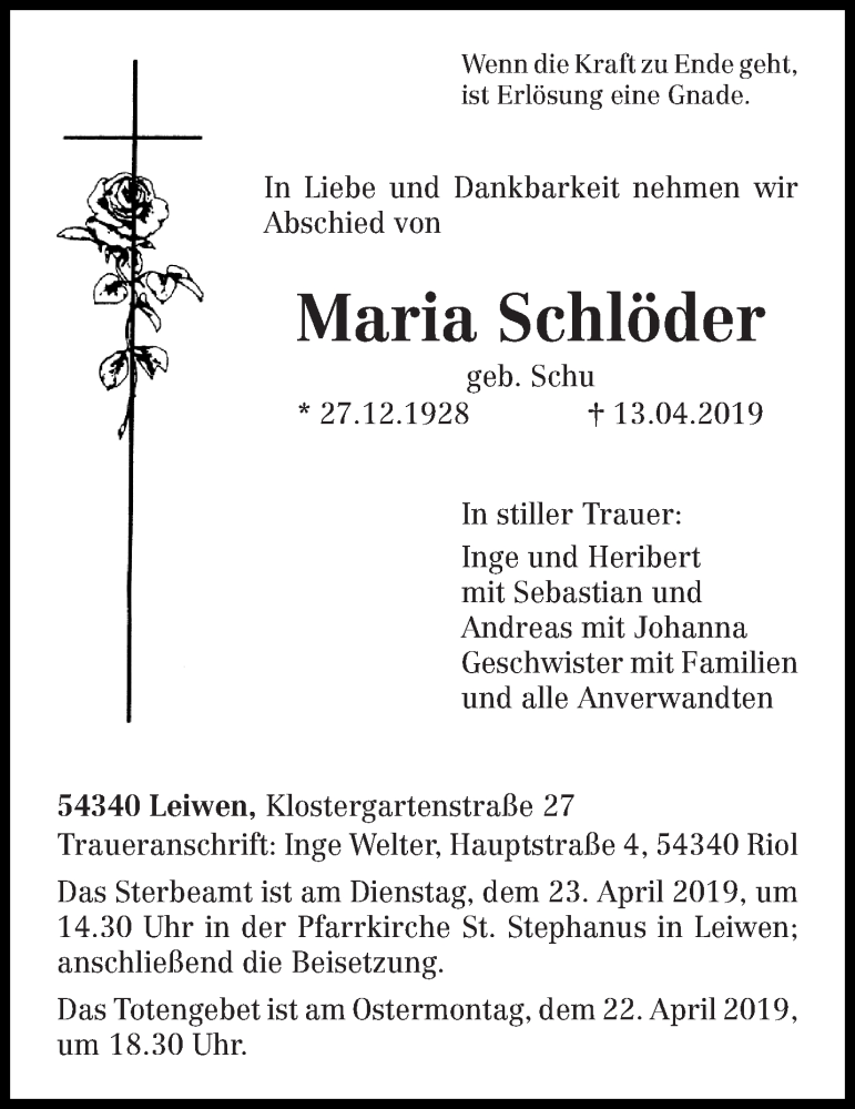  Traueranzeige für Maria Schlöder vom 18.04.2019 aus trierischer_volksfreund