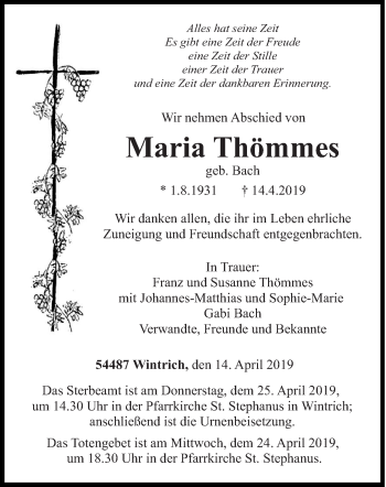 Traueranzeige von Maria Thömmes von trierischer_volksfreund
