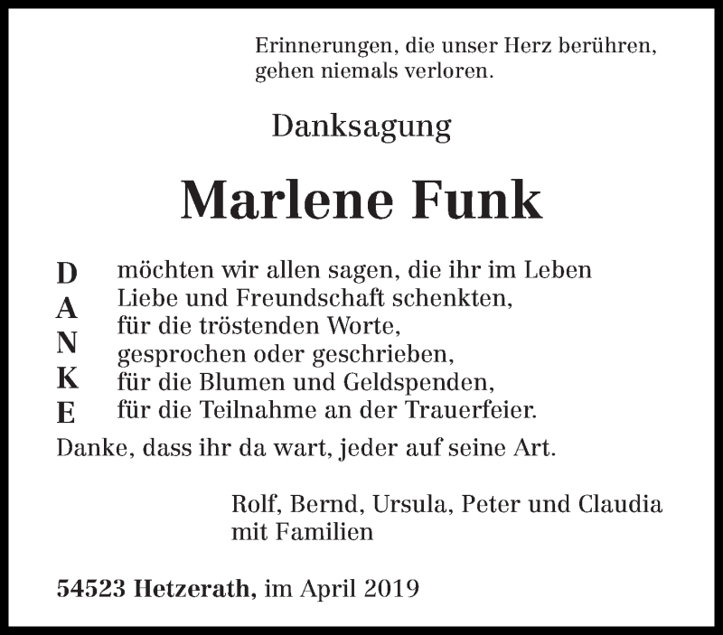  Traueranzeige für Marlene Funk vom 06.04.2019 aus trierischer_volksfreund