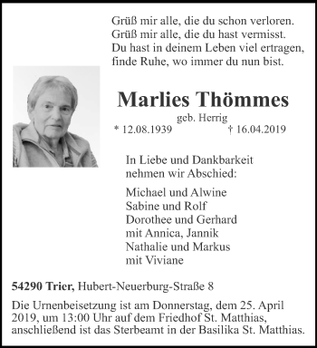 Traueranzeige von Marlies Thömmes von trierischer_volksfreund