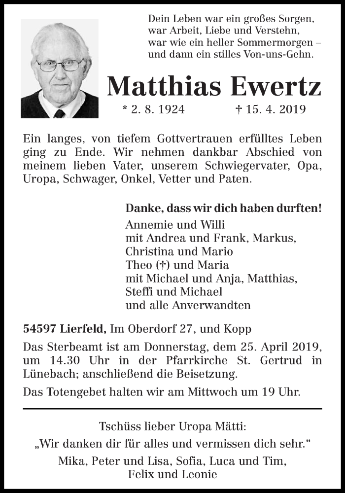  Traueranzeige für Matthias Ewertz vom 20.04.2019 aus trierischer_volksfreund