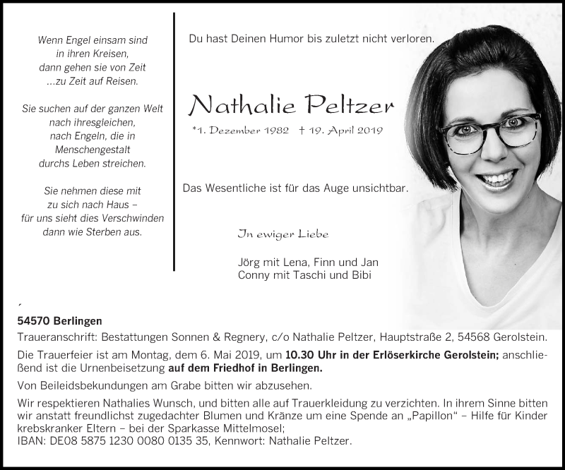  Traueranzeige für Nathalie Peltzer vom 27.04.2019 aus trierischer_volksfreund