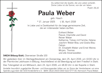 Traueranzeige von Paula Weber von trierischer_volksfreund