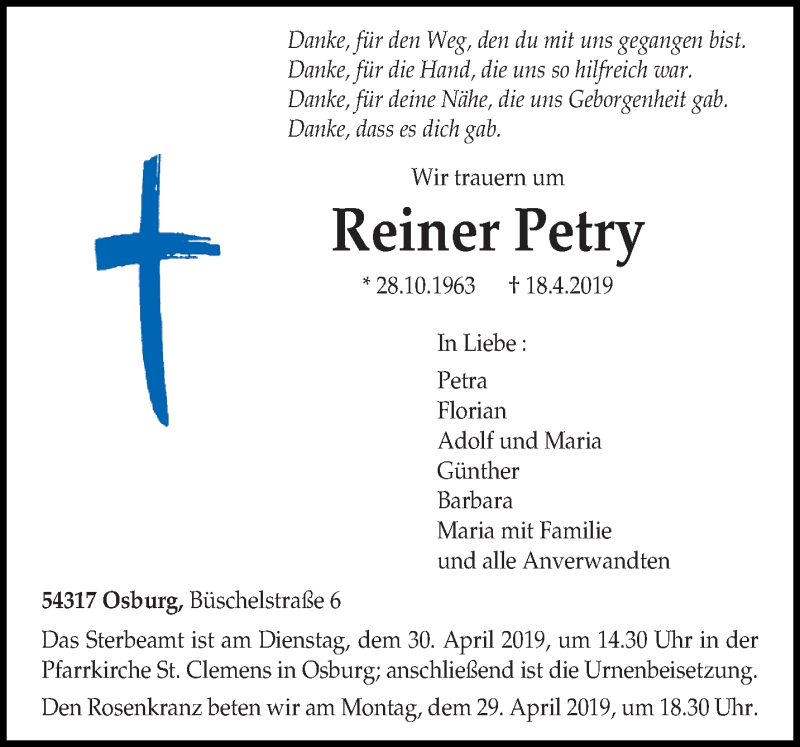  Traueranzeige für Reiner Petry vom 27.04.2019 aus trierischer_volksfreund