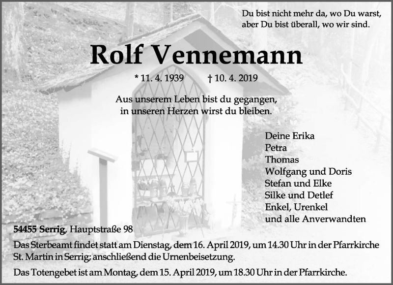  Traueranzeige für Rolf Vennemann vom 13.04.2019 aus trierischer_volksfreund