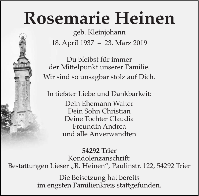  Traueranzeige für Rosemarie Heinen vom 06.04.2019 aus trierischer_volksfreund