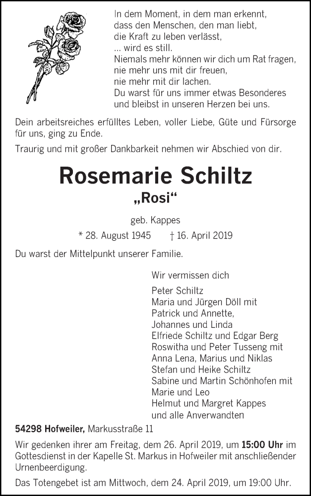  Traueranzeige für Rosemarie Schiltz vom 20.04.2019 aus trierischer_volksfreund