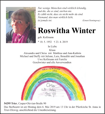 Traueranzeige von Roswitha Winter von trierischer_volksfreund