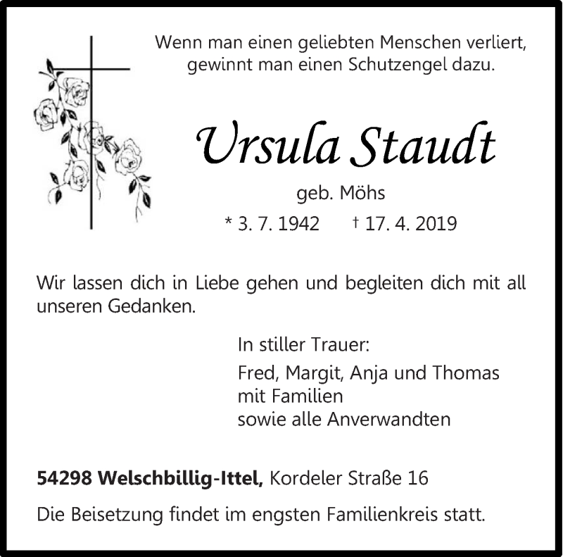  Traueranzeige für Ursula Staudt vom 24.04.2019 aus trierischer_volksfreund