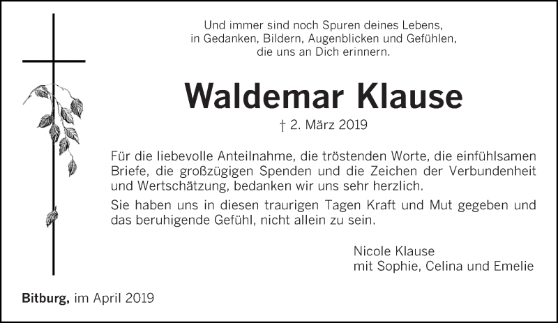  Traueranzeige für Waldemar Klause vom 13.04.2019 aus trierischer_volksfreund