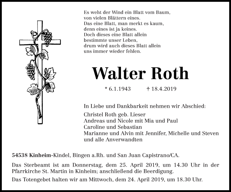  Traueranzeige für Walter Roth vom 20.04.2019 aus trierischer_volksfreund