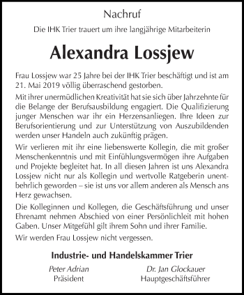 Traueranzeige von Alexandra Lossjew von trierischer_volksfreund