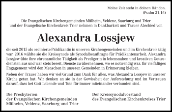 Traueranzeige von Alexandra Lossjew von trierischer_volksfreund