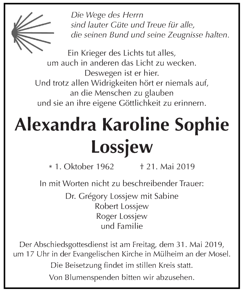  Traueranzeige für Alexandra Karoline Sophie Lossjew vom 25.05.2019 aus trierischer_volksfreund