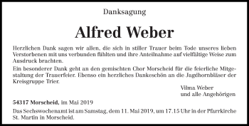Traueranzeige von Alfred Weber von trierischer_volksfreund