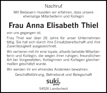 Traueranzeige von Anna Elisabeth Thiel von trierischer_volksfreund