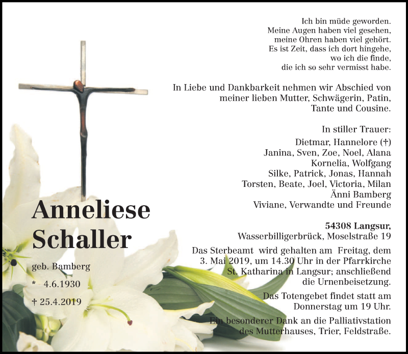  Traueranzeige für Anneliese Schaller vom 30.04.2019 aus trierischer_volksfreund