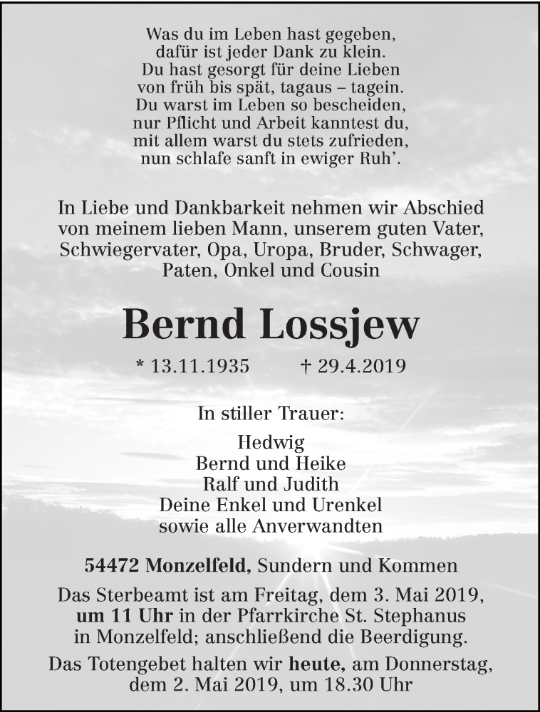  Traueranzeige für Bernd Lossjew vom 02.05.2019 aus trierischer_volksfreund