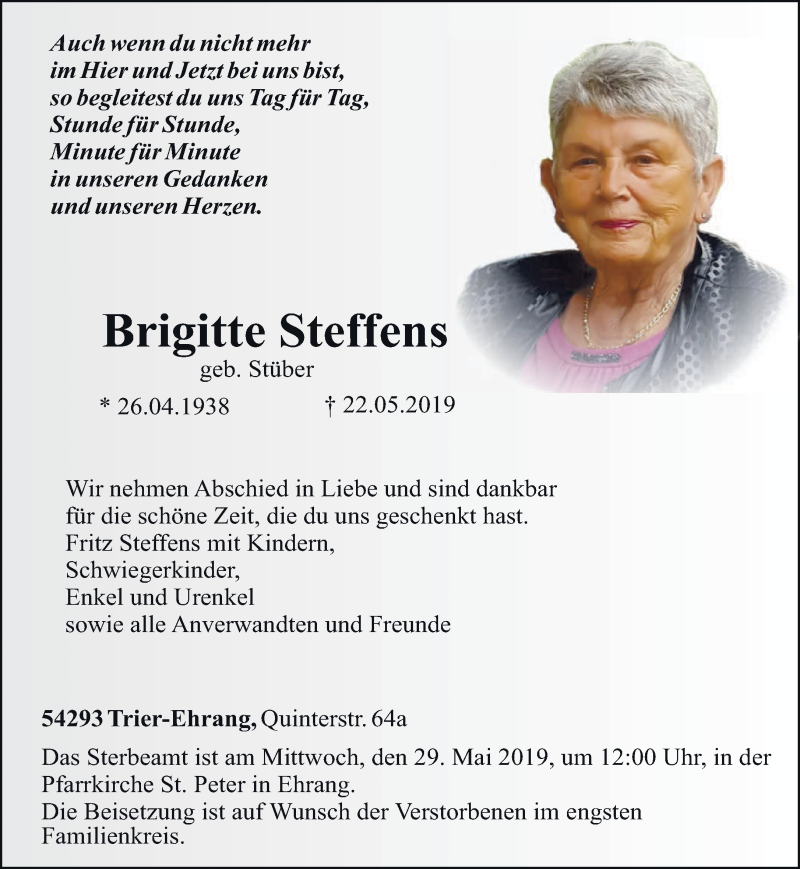 Traueranzeigen von Brigitte Steffens | Volksfreund.Trauer.de