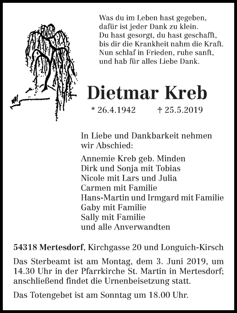  Traueranzeige für Dietmar Kreb vom 29.05.2019 aus trierischer_volksfreund