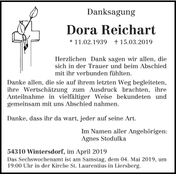 Traueranzeige von Dora Reichart von trierischer_volksfreund