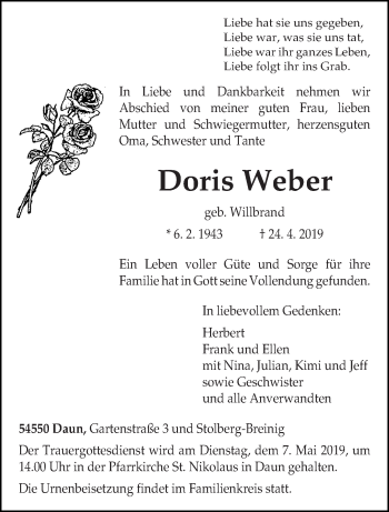 Traueranzeige von Doris Weber von trierischer_volksfreund