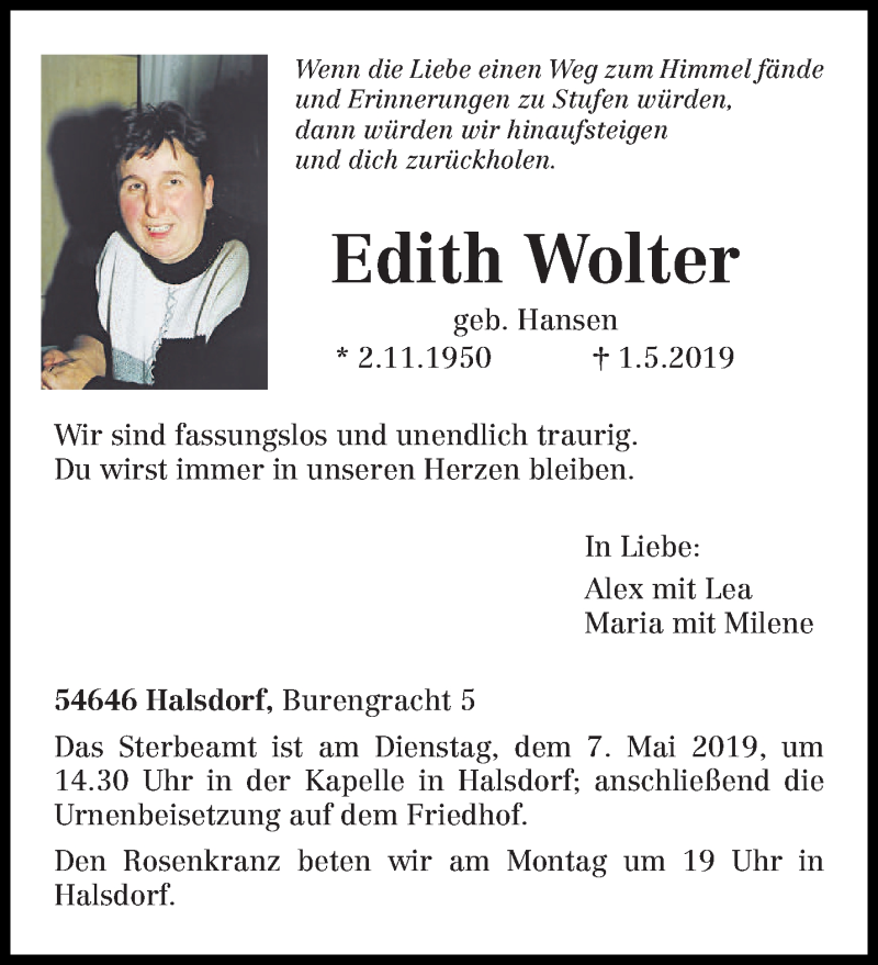  Traueranzeige für Edith Wolter vom 03.05.2019 aus trierischer_volksfreund