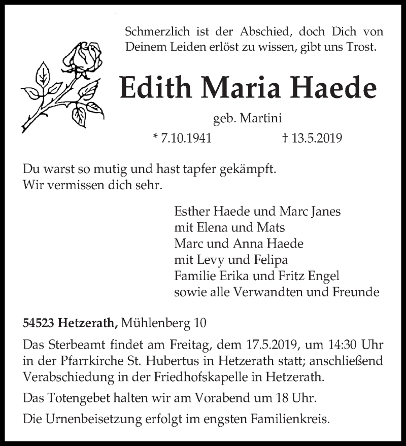  Traueranzeige für Edith Maria Haede vom 15.05.2019 aus trierischer_volksfreund