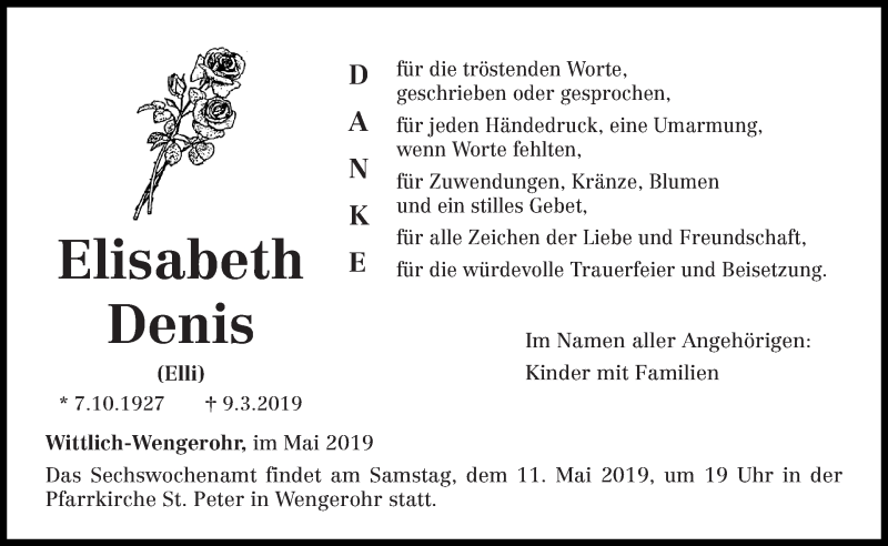  Traueranzeige für Elisabeth Denis vom 04.05.2019 aus trierischer_volksfreund