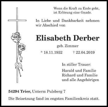 Traueranzeige von Elisabeth Derber von trierischer_volksfreund