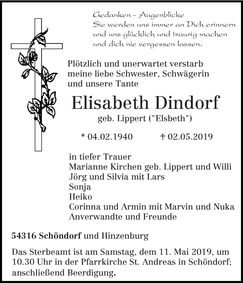  Traueranzeige für Elisabeth Dindorf vom 07.05.2019 aus trierischer_volksfreund