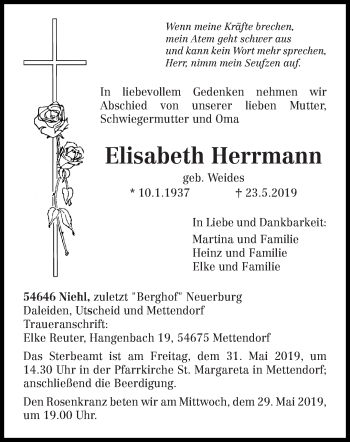 Traueranzeige von Elisabeth Herrmann von trierischer_volksfreund