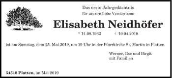 Traueranzeige von Elisabeth Neidhöfer von trierischer_volksfreund