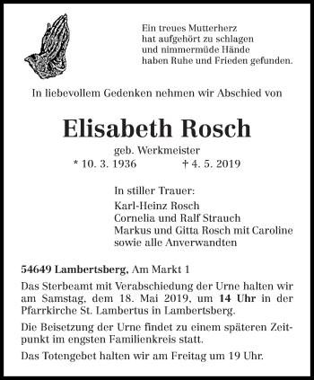Traueranzeige von Elisabeth Rosch von trierischer_volksfreund