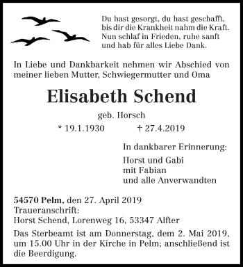 Traueranzeige von Elisabeth Schend von trierischer_volksfreund