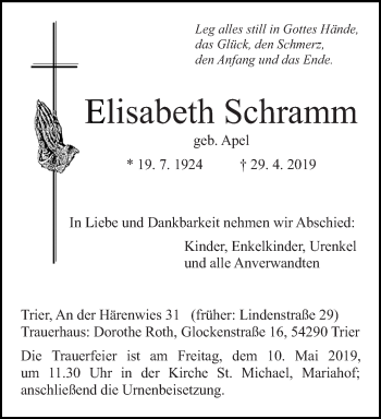 Traueranzeige von Elisabeth Schramm von trierischer_volksfreund