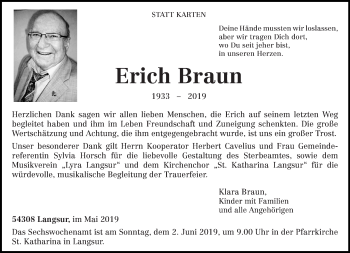 Traueranzeige von Erich Braun von trierischer_volksfreund